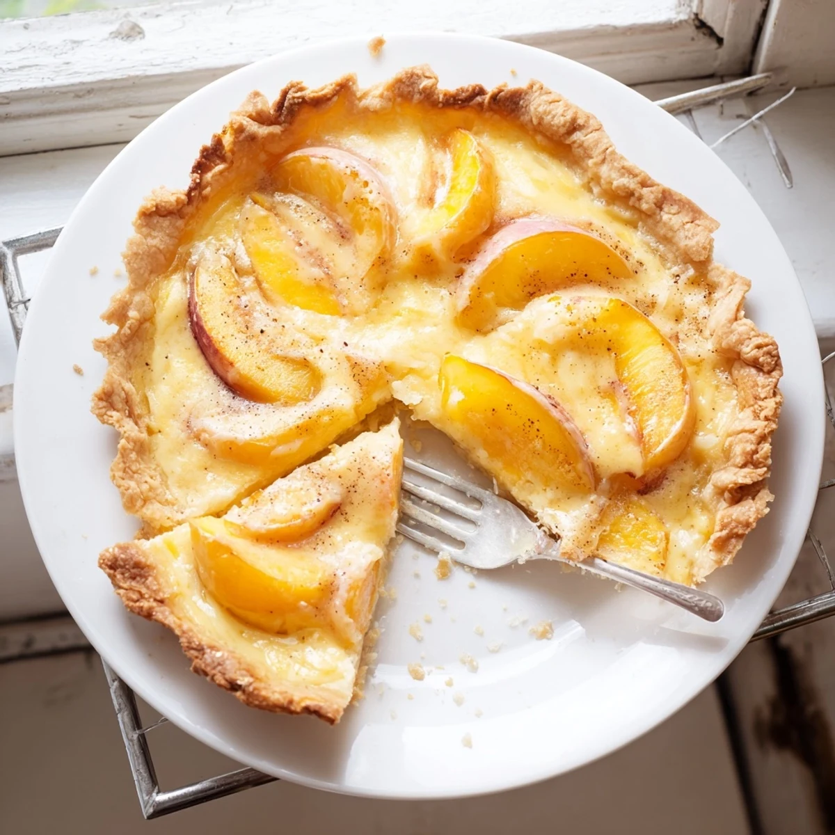 Slice of peach custard pie showing creamy custard layer topped with sweet peach wedges