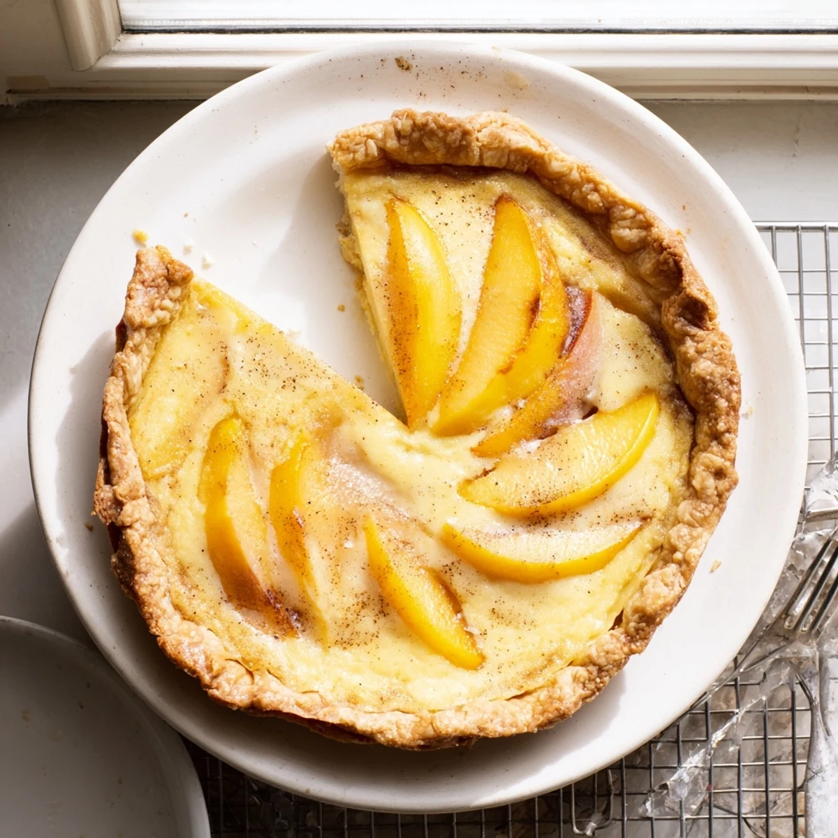Homemade peach custard pie featuring tender peaches baked in golden flaky pastry crust