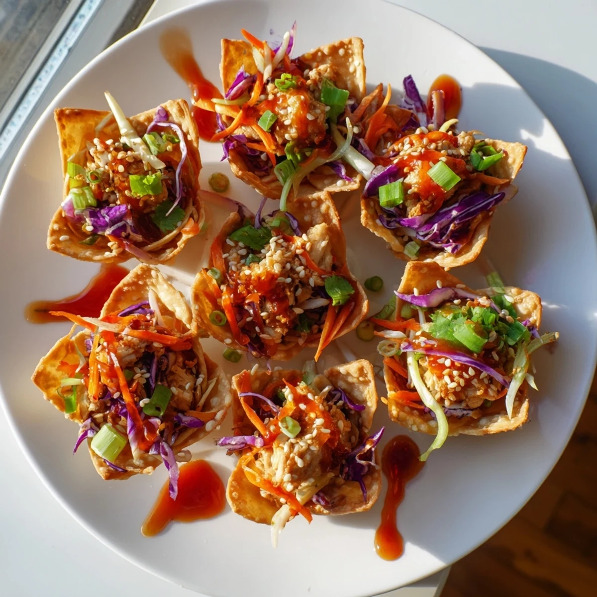 Golden crispy chicken wonton tacos topped with colorful Asian slaw and sweet chili drizzle