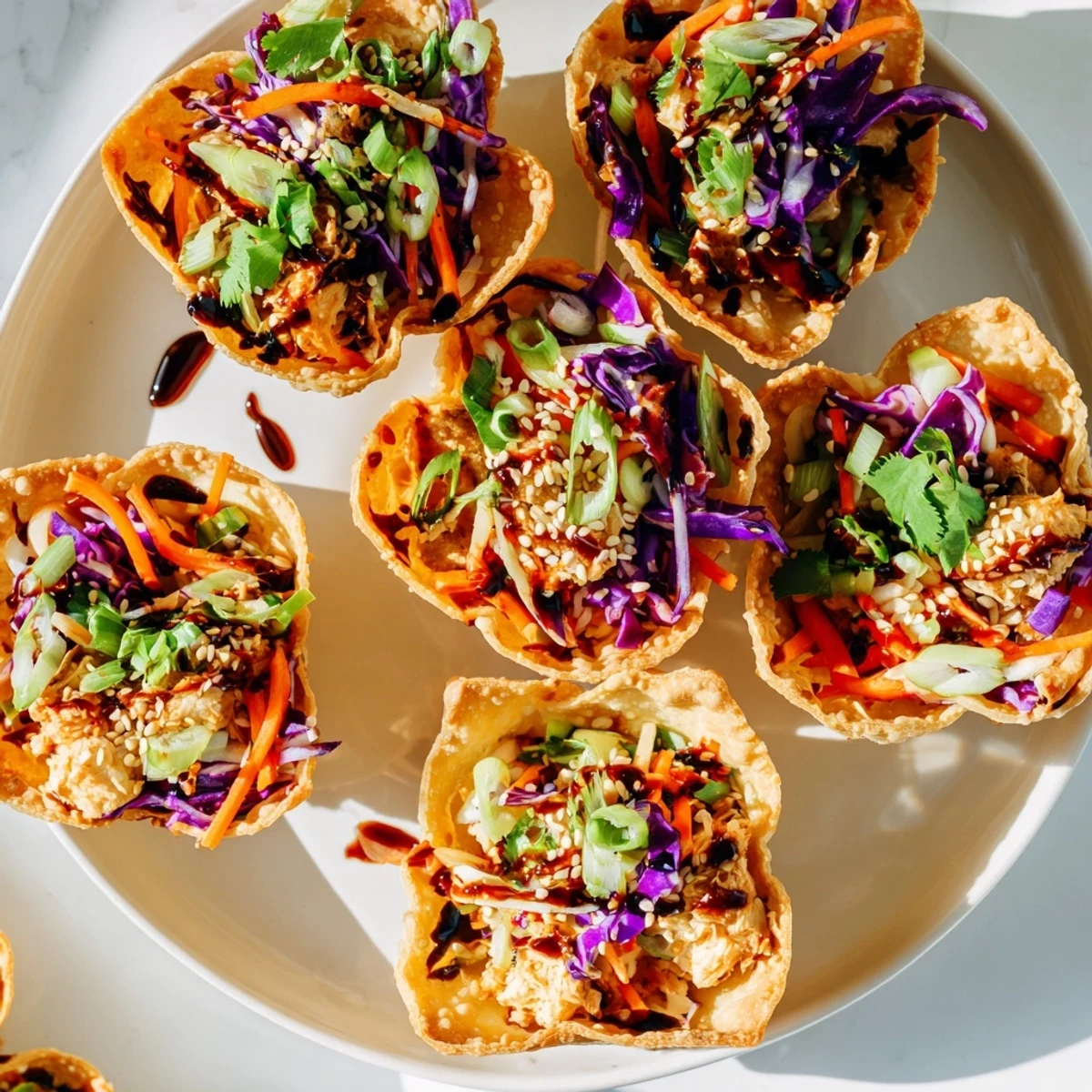 Crispy wonton taco shells filled with seasoned chicken and crunchy cabbage slaw