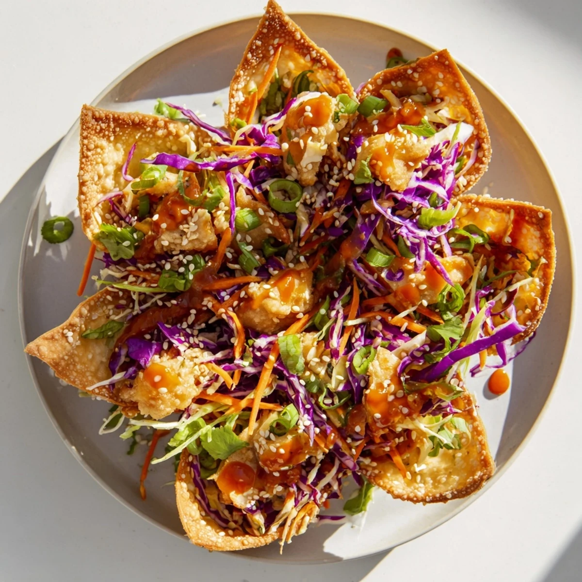 Fusion chicken wonton tacos with vibrant purple green slaw and chili glaze