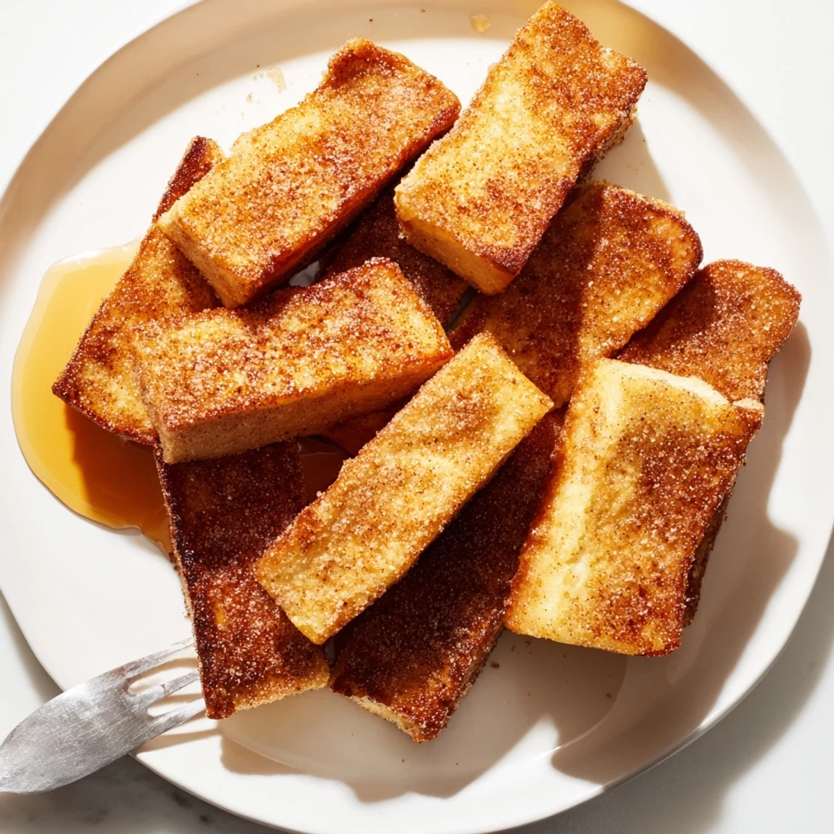 Golden brown cinnamon French toast sticks coated in sugar, served on a white plate with maple syrup for dipping