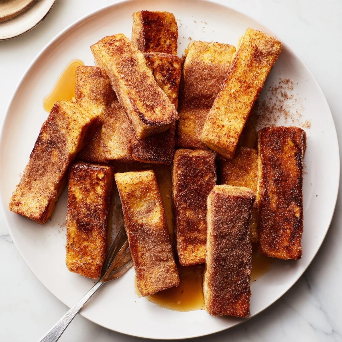 Fluffy homemade cinnamon French toast sticks with warm vanilla aroma, ready for dunking into sweet maple syrup