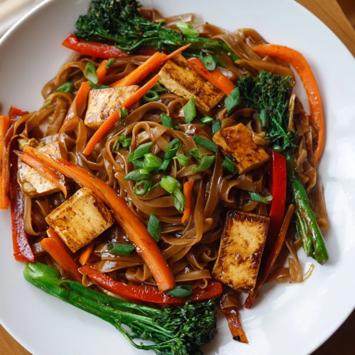 Steamy plate of vegan pad see ew featuring chewy rice noodles wok-fried with colorful bell peppers, carrots, and plant-based protein