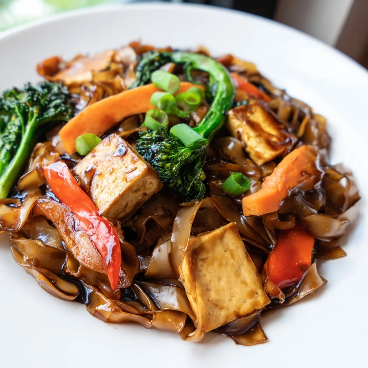 Glossy vegan pad see ew stir-fried with wide rice noodles, crisp Chinese broccoli, and golden tofu in a savory dark soy sauce