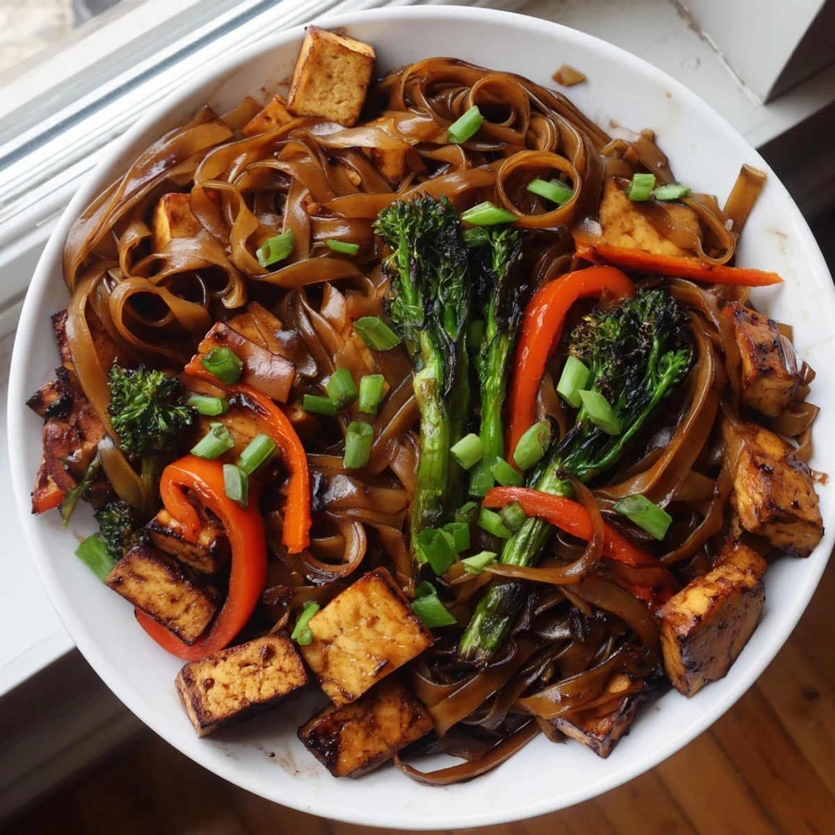 Authentic Thai-style vegan pad see ew piled high with tender rice noodles, fresh gai lan greens, and aromatic garlic-infused sauce