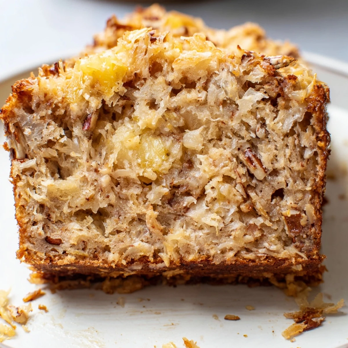 Golden brown coconut pineapple banana bread loaf sliced on a wooden cutting board with tropical fruit accents