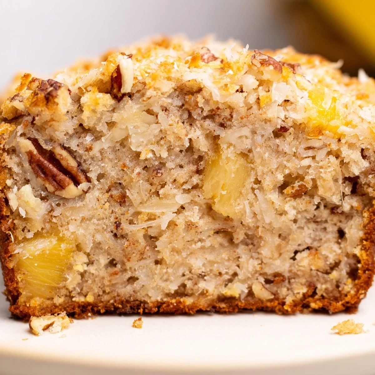 Moist banana bread swirled with crushed pineapple and shredded coconut, topped with toasted coconut flakes for crunch