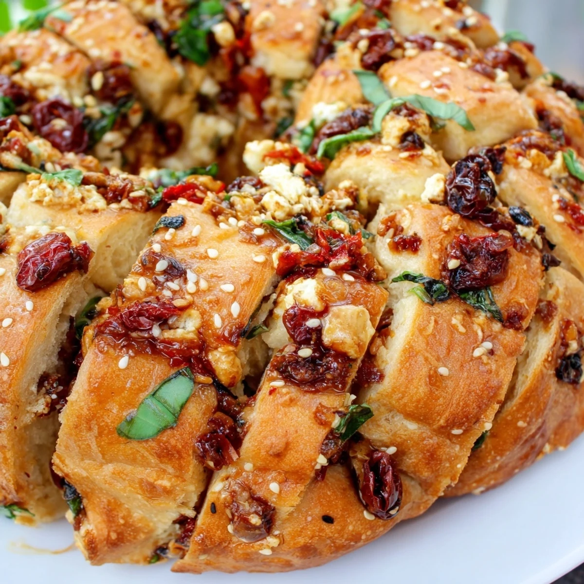 Soft fluffy pull-apart bread loaded with feta, herbs, and sun-dried tomatoes ready for sharing