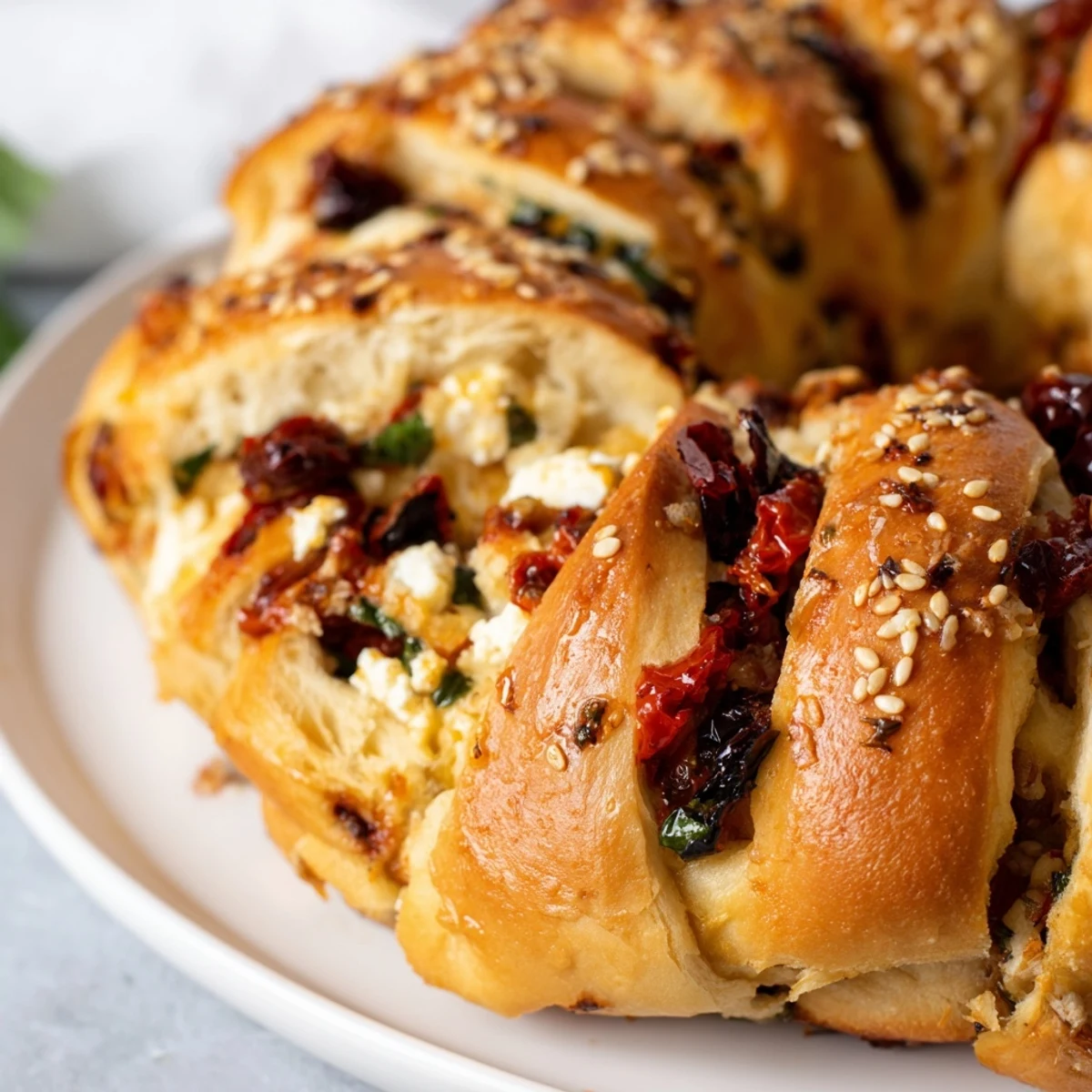 Golden Mediterranean pull-apart bread with sun-dried tomatoes, olives, and feta in a loaf pan