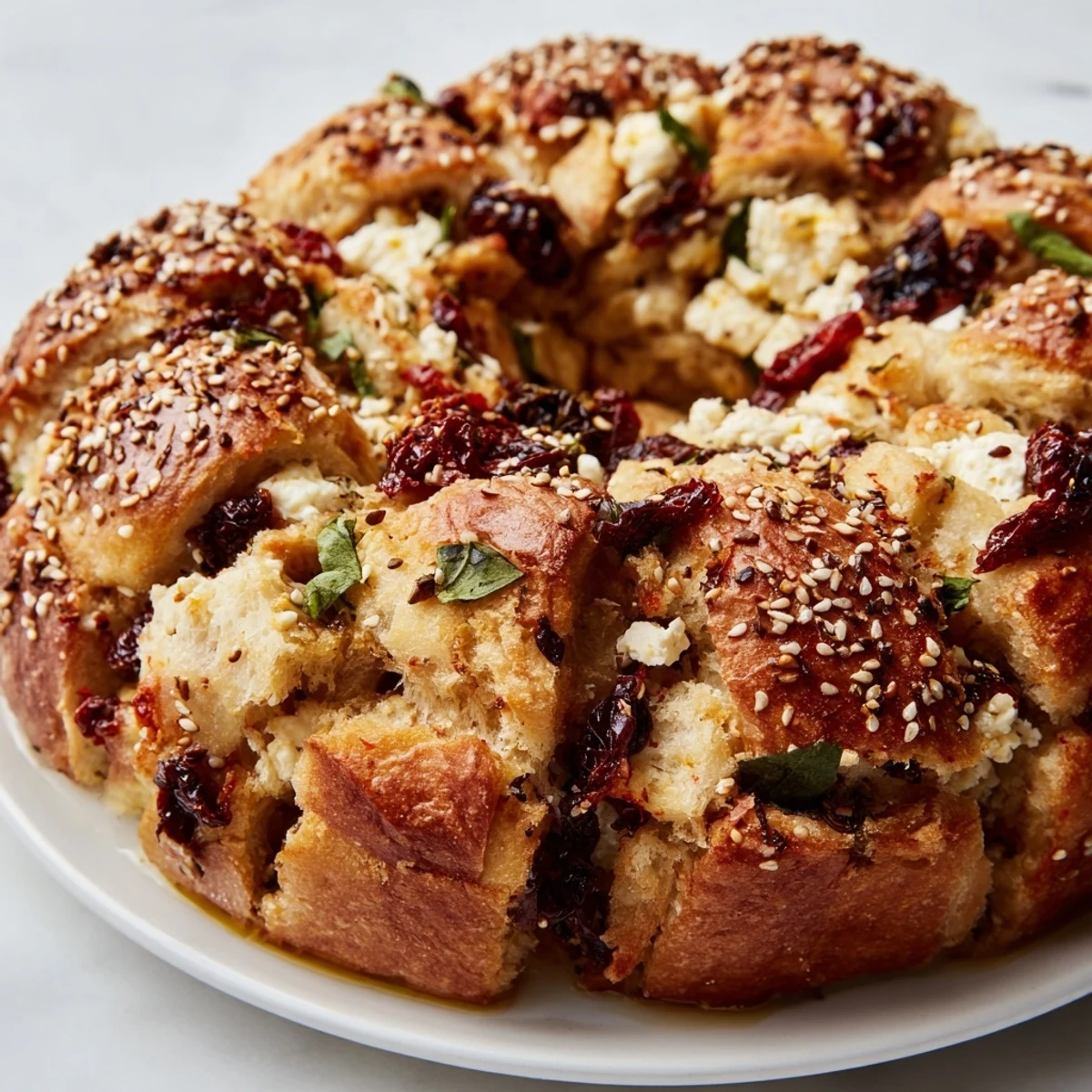 Baked Mediterranean pull-apart bread with savory cheese and olive filling brushed with olive oil