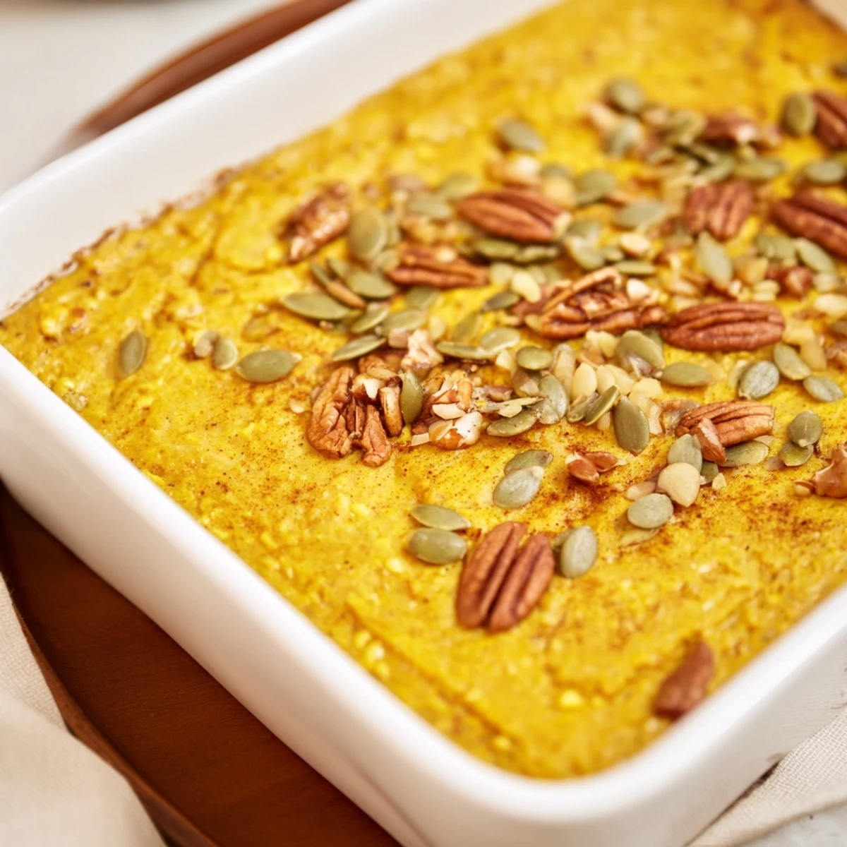 Golden high protein cottage cheese pumpkin bake spiced with cinnamon and topped with crunchy pecans