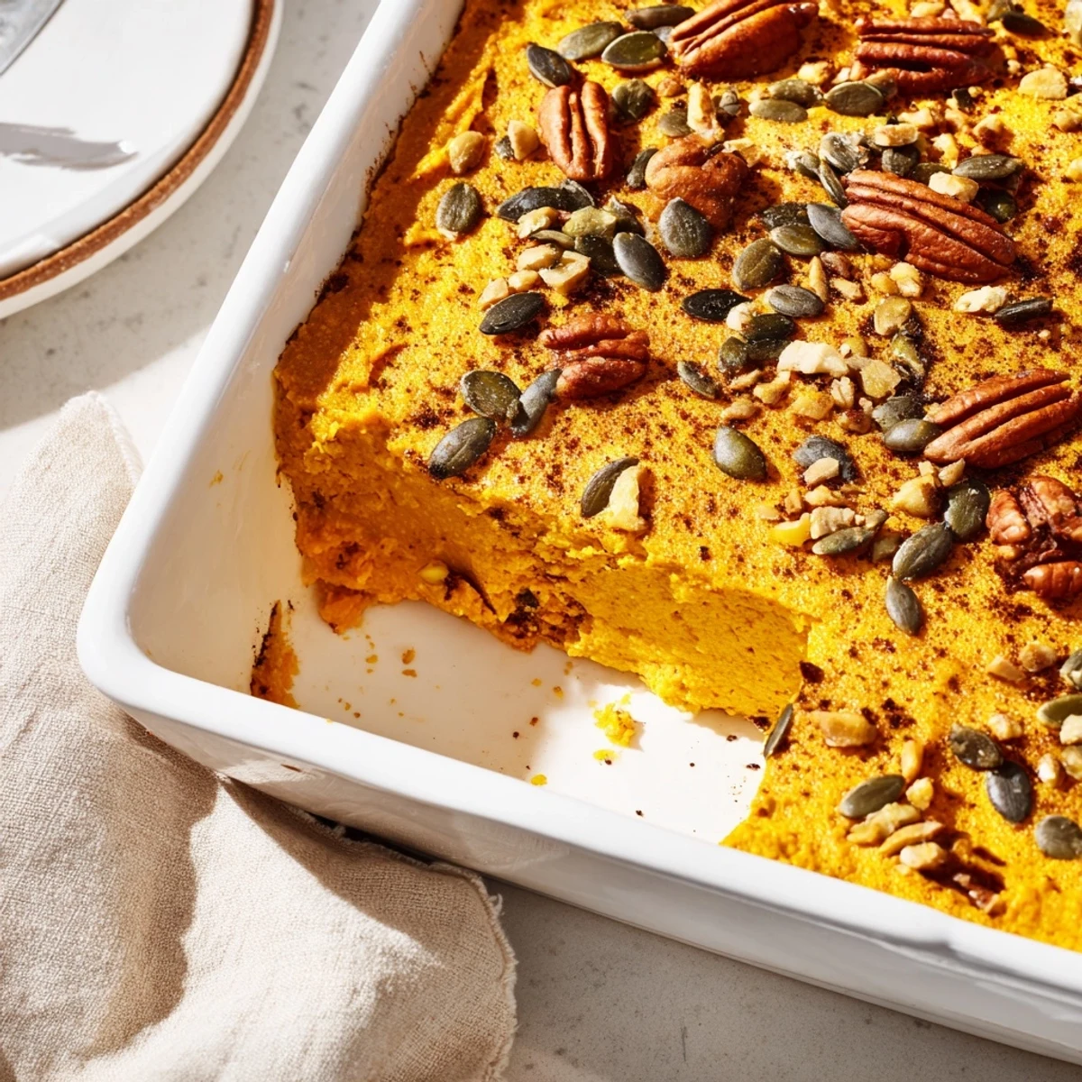 Creamy pumpkin cottage cheese bake sliced into squares ready for a nutritious high protein breakfast