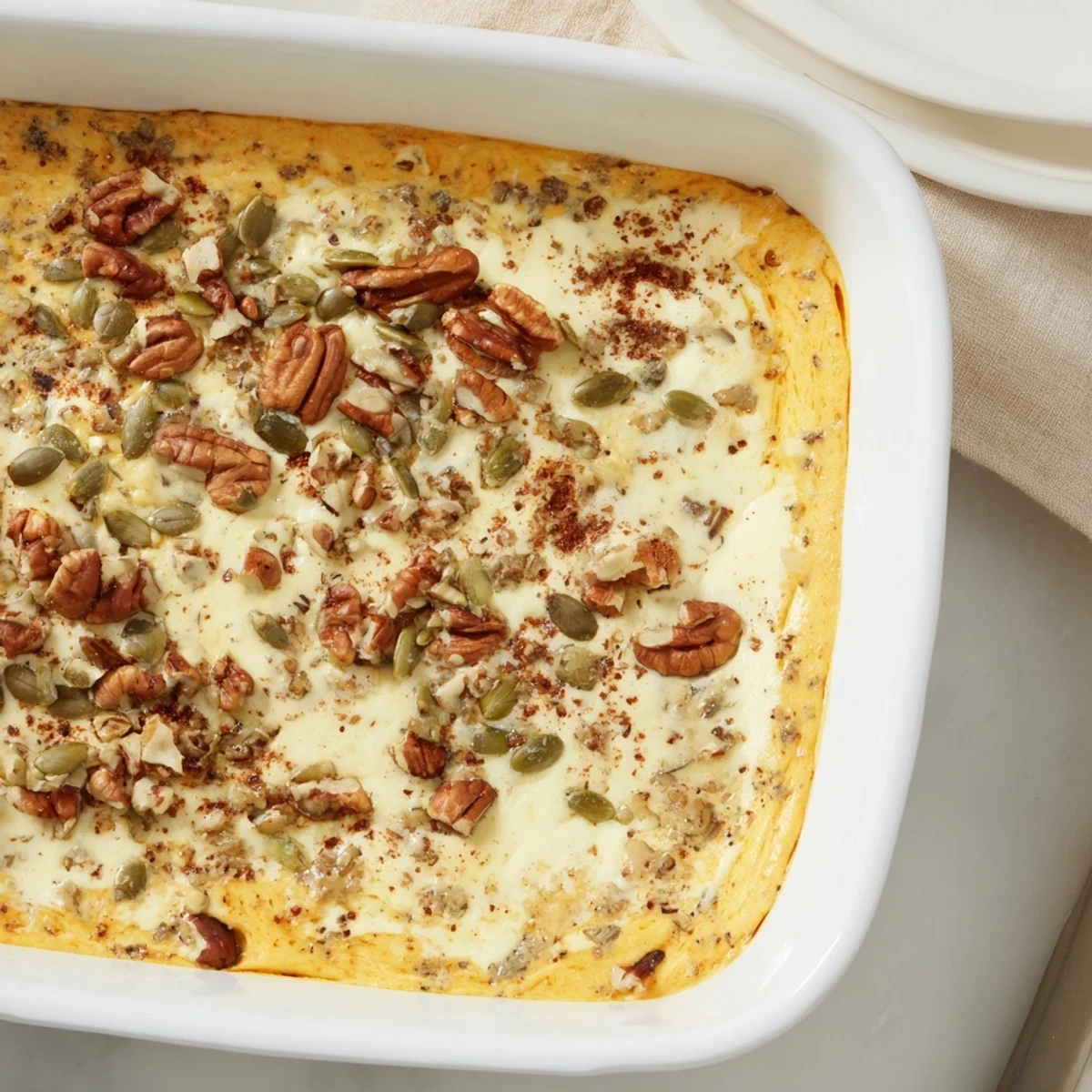 Warm spiced pumpkin and cottage cheese casserole sprinkled with pumpkin seeds for a protein-packed gluten-free breakfast