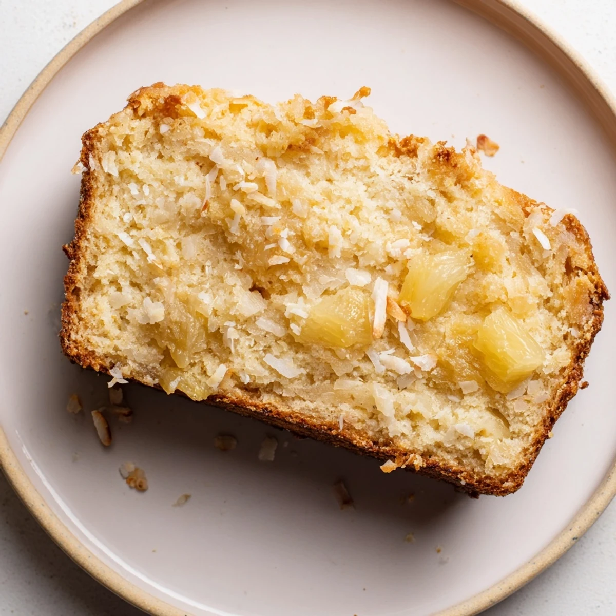 Golden loaf of cozy pineapple coconut bread with tropical fruit visible throughout the moist crumb
