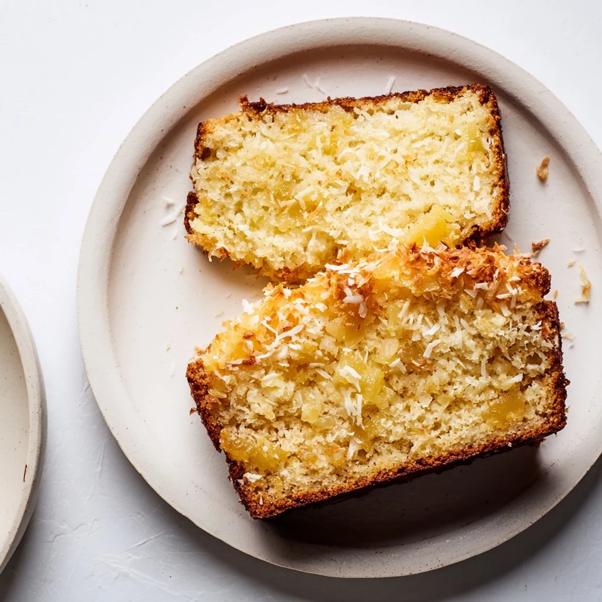 Sliced pineapple coconut bread on a wooden board topped with shredded coconut and butter