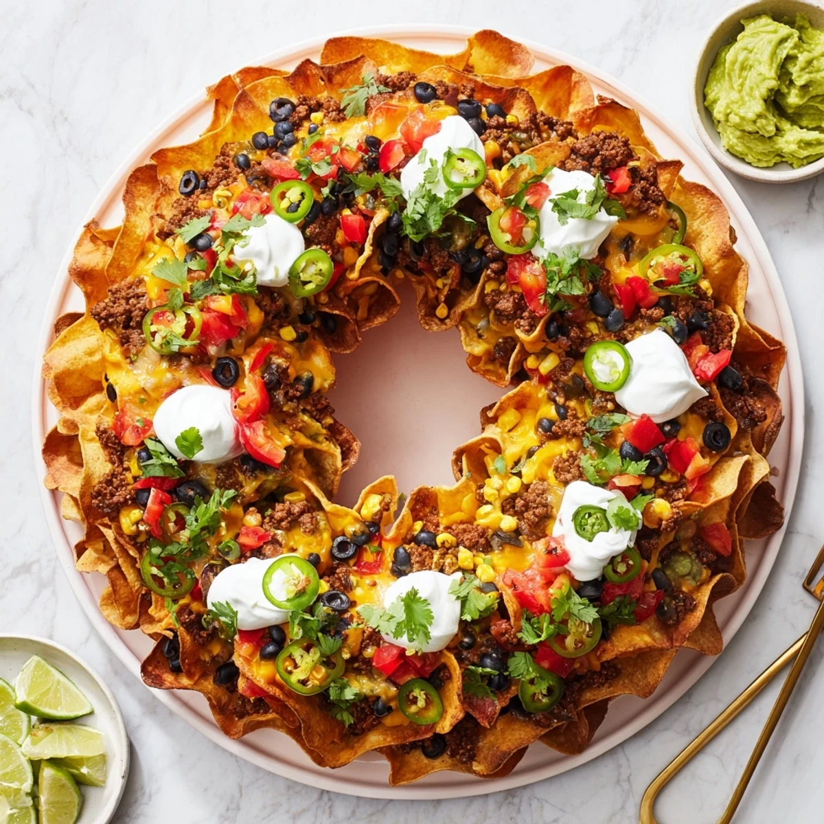 Golden Bundt pan nachos layered with melted cheddar and Monterey Jack cheese for a crowd-pleasing Tex-Mex appetizer