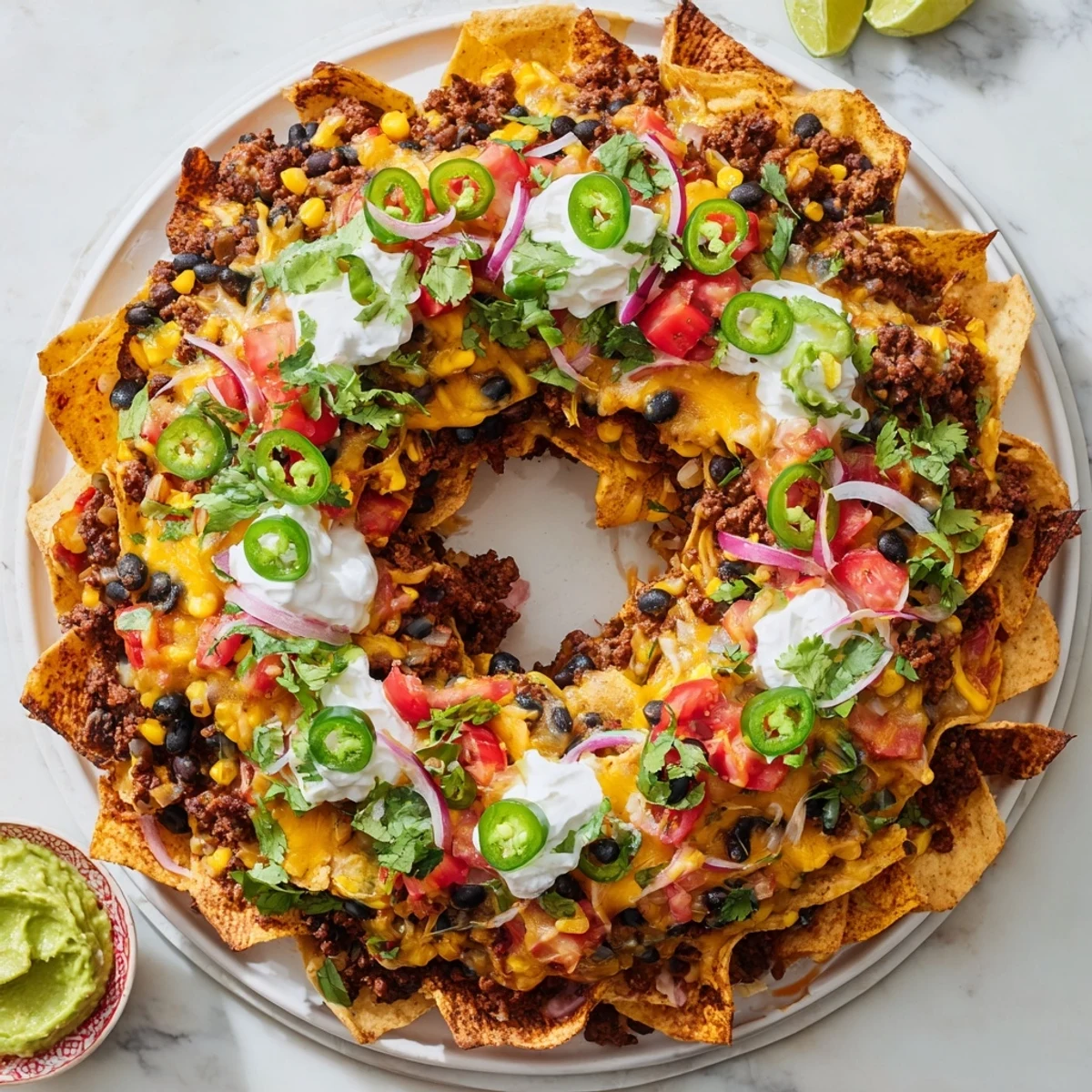 Crispy tortilla chips baked in a bundt pan with seasoned beef, beans, and bubbling cheese for easy party serving