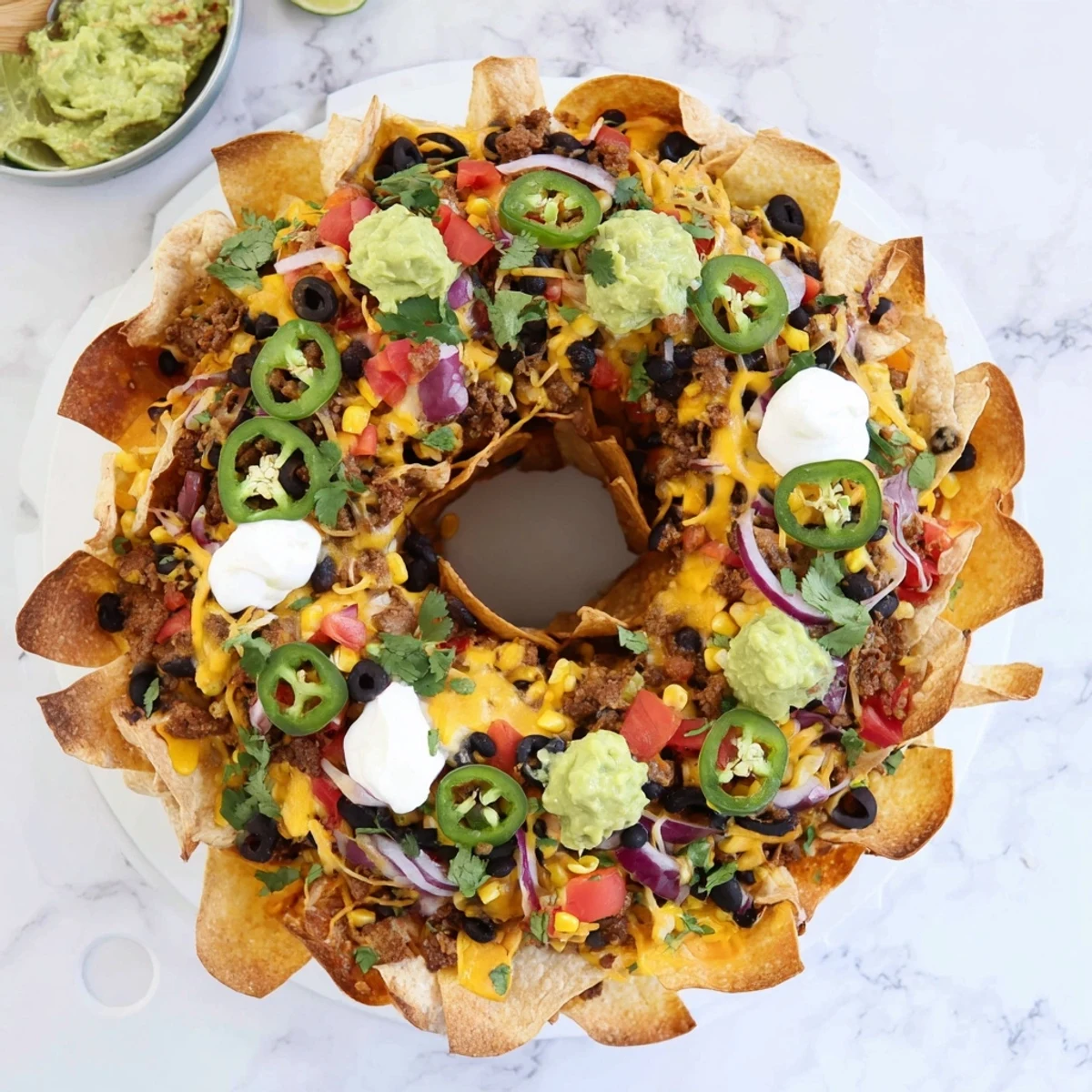 Pull-apart Bundt pan nachos topped with jalapeños, olives, and fresh cilantro, served with guacamole and sour cream