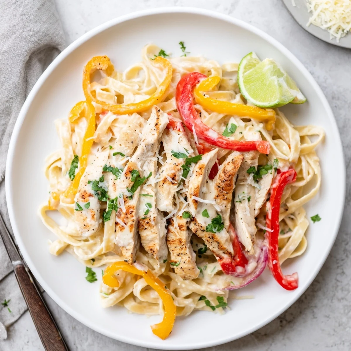 Creamy Southwest chicken Alfredo pasta with seasoned sliced chicken and colorful bell peppers