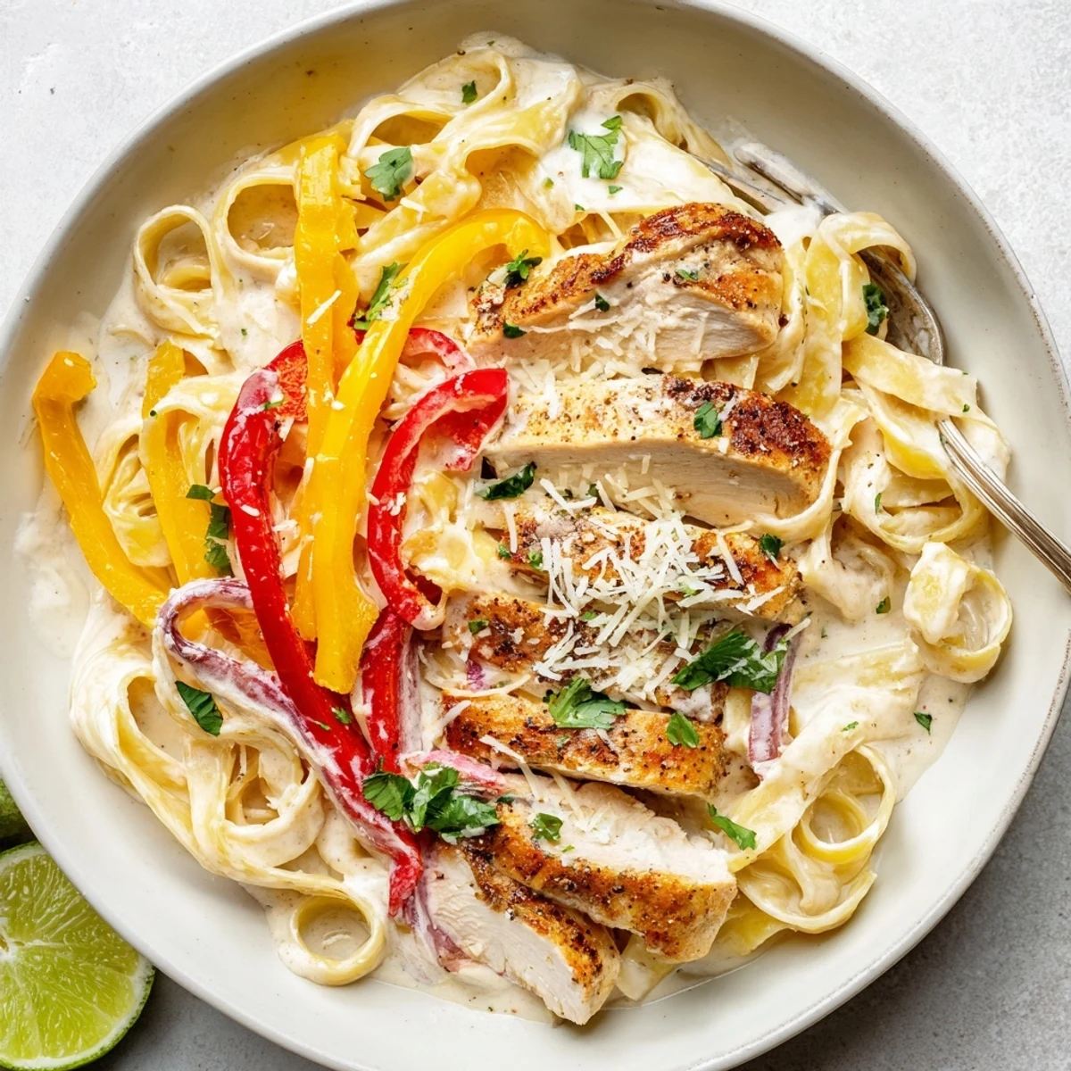 Sizzling Southwest chicken Alfredo tossed with vibrant red peppers in a rich white sauce
