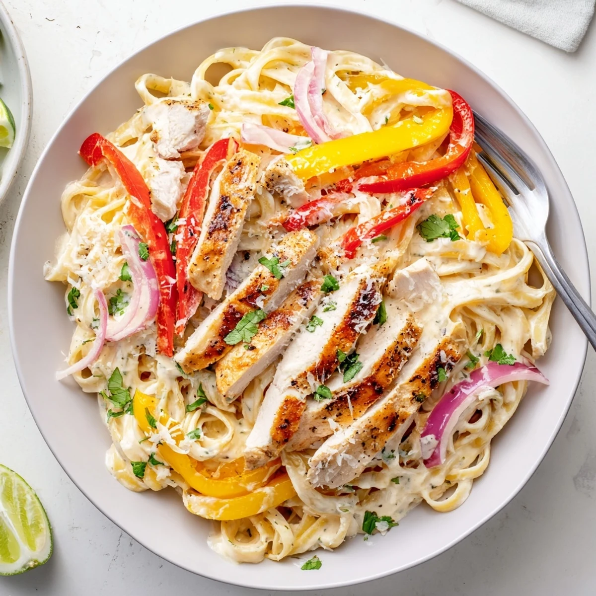 Southwest chicken Alfredo featuring spiced chicken breast and sautéed vegetables over fettuccine noodles