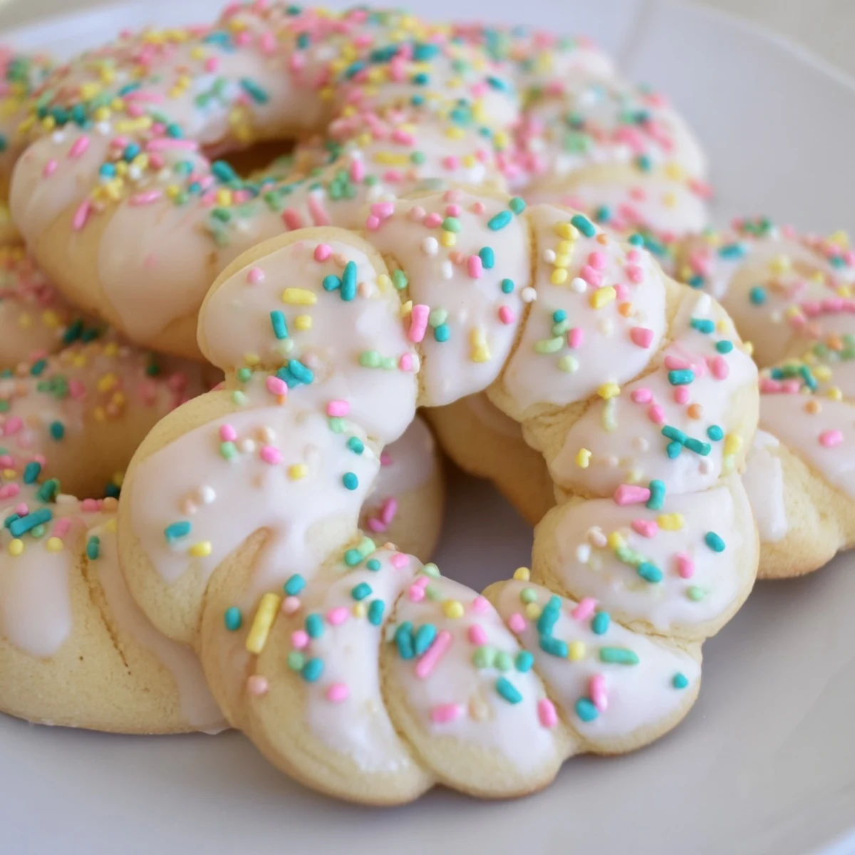 Soft Italian Easter Cookies topped with white icing and colorful pastel sprinkles on a decorative plate