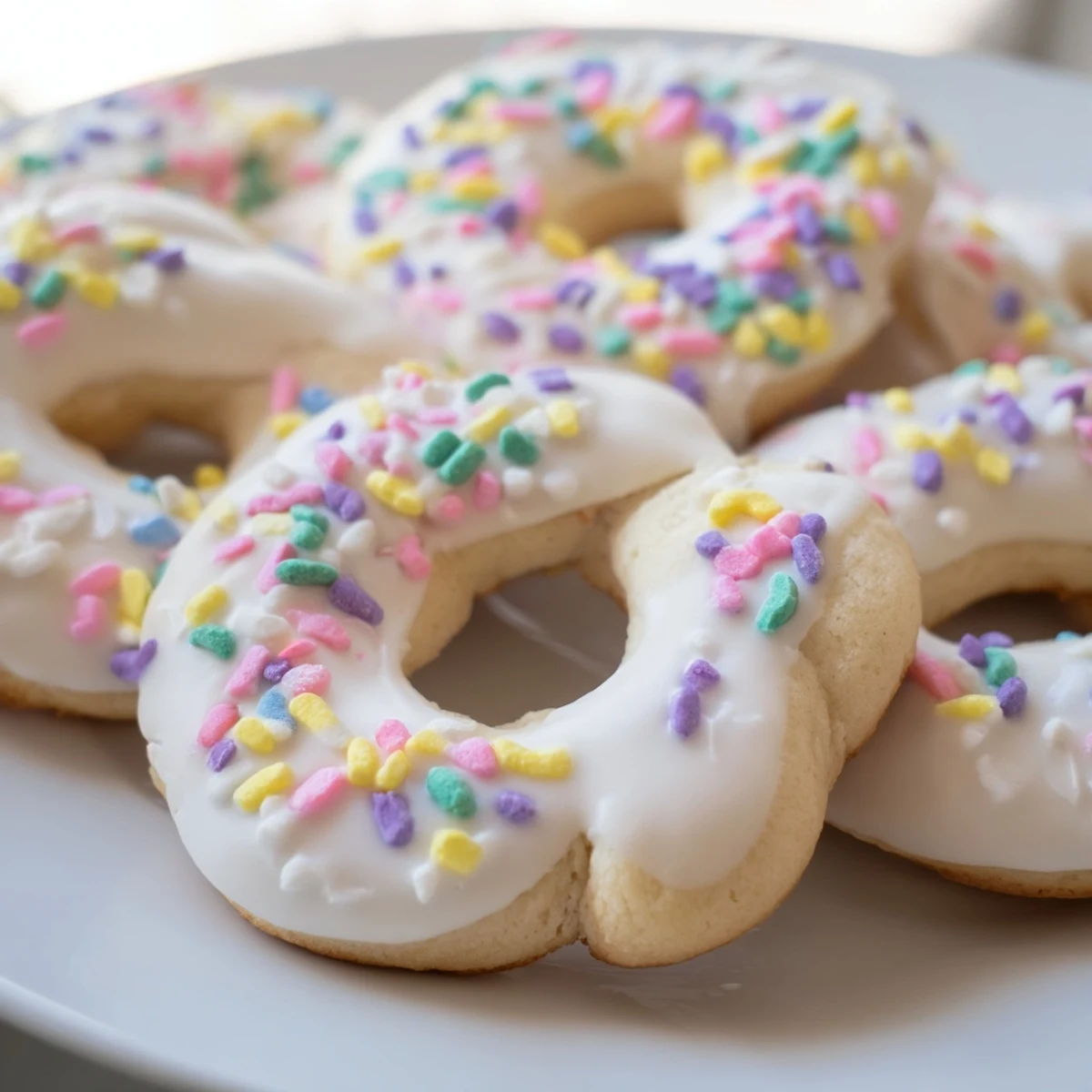 Traditional Italian Easter Cookies arranged on a serving tray with sweet lemon glaze and bright confetti decoration