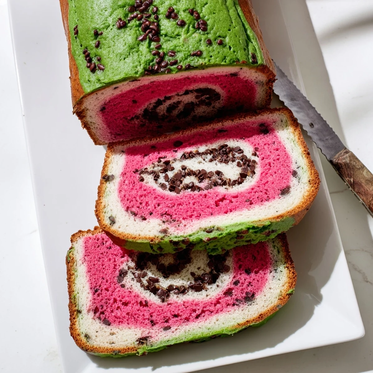 Freshly baked watermelon bread loaf sliced open revealing vibrant red pink white and green marbled layers with chocolate chip seeds