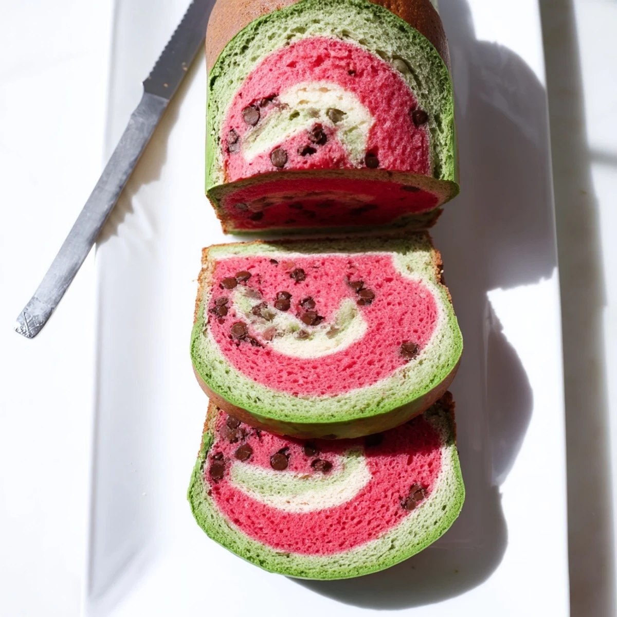 Soft watermelon patterned bread with green outer rind white middle and pink中心 studded with mini chocolate chips resembles real fruit