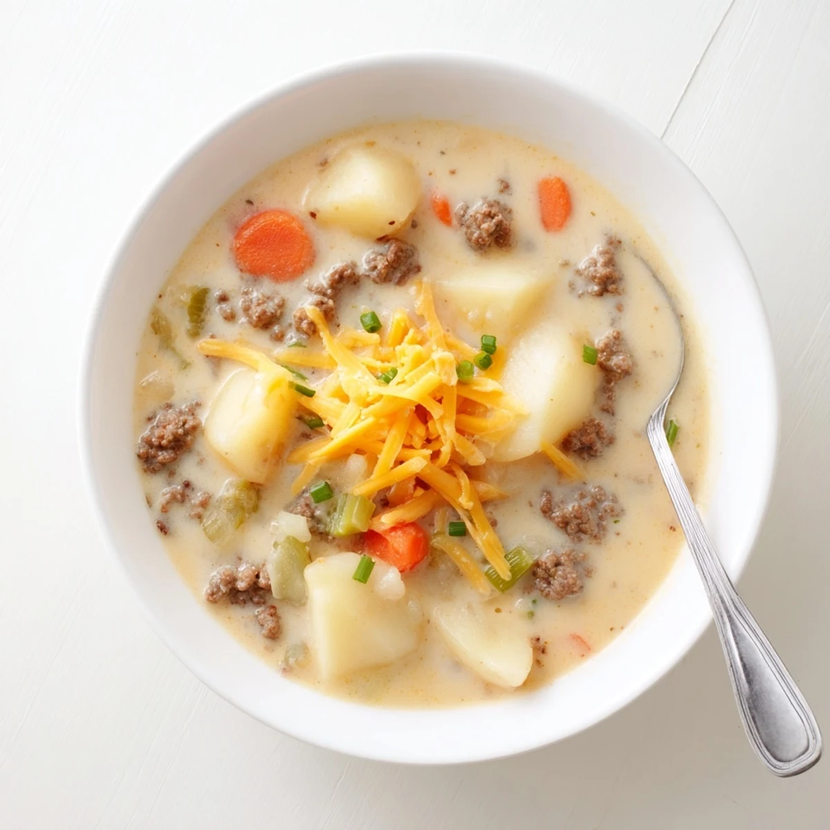 Creamy potato hamburger soup with tender chunks of beef and vegetables in a rich broth