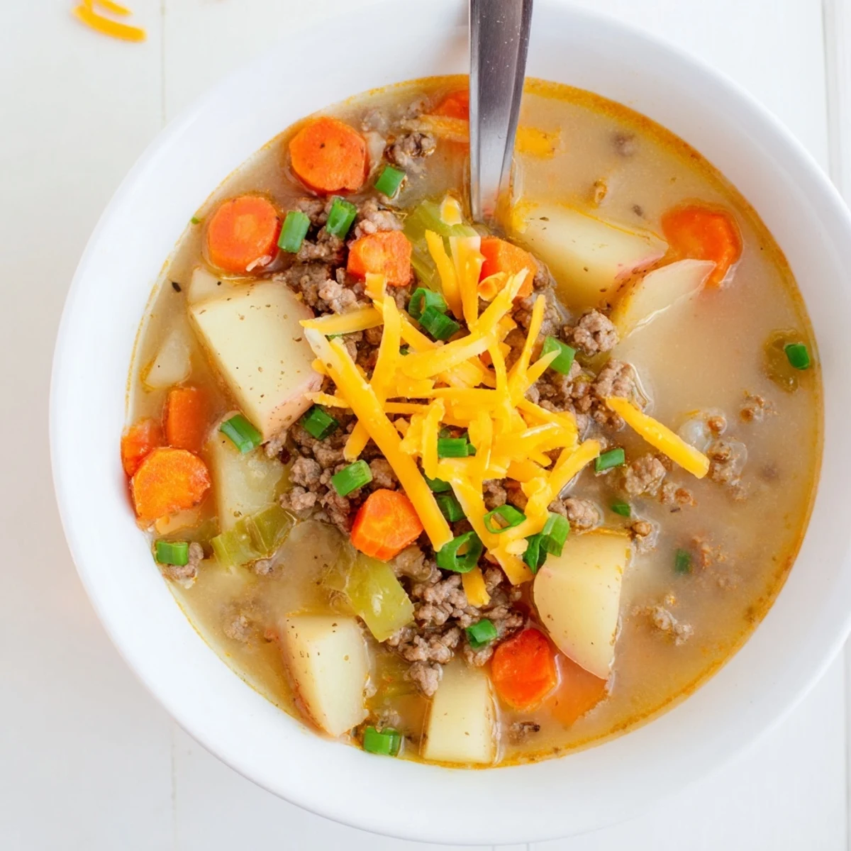 Slow cooker creamy potato hamburger soup garnished with chives and shredded cheddar cheese