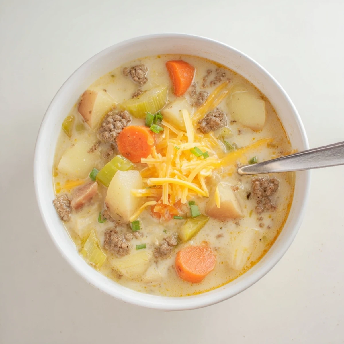 Hearty crockpot potato hamburger soup featuring ground beef and diced vegetables in white cream broth