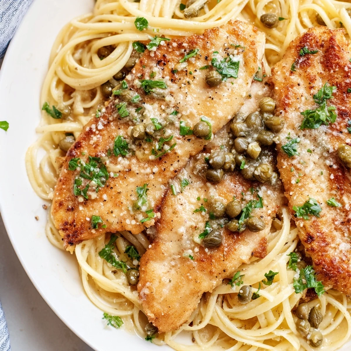 Creamy chicken piccata pasta topped with grated Parmesan and tender sliced chicken breasts