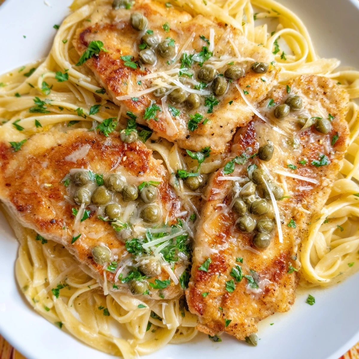 Golden chicken cutlets draped over linguine in a bright lemon caper sauce with fresh parsley