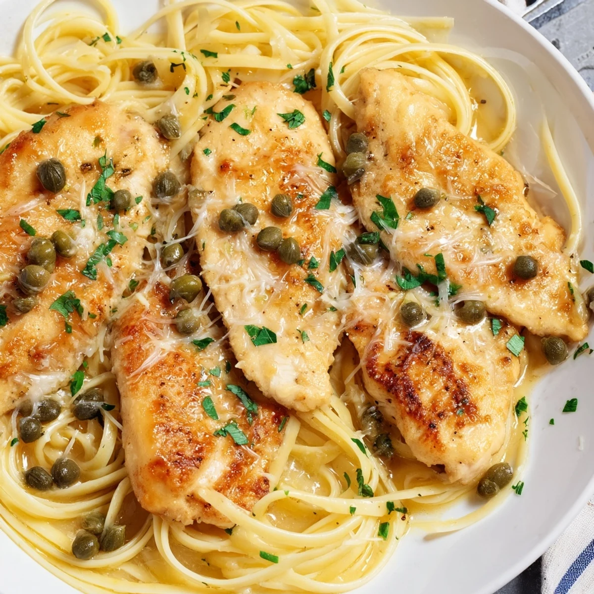 Steaming bowl of zesty chicken piccata pasta garnished with lemon slices and green herbs