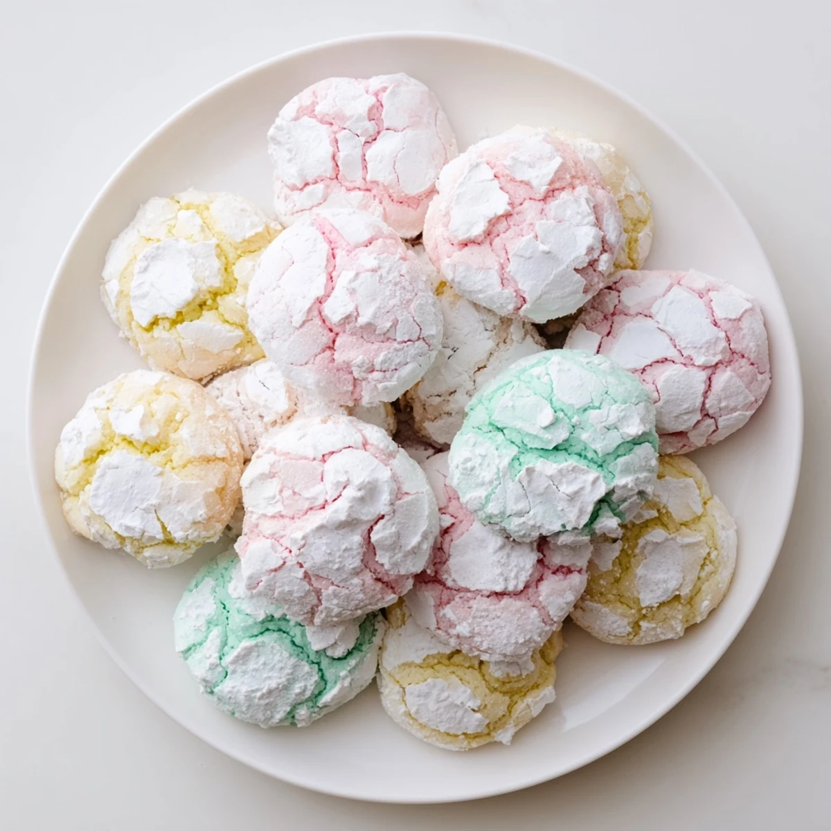 Soft pastel springtime crinkle cookies with cracked tops dusted in powdered sugar on a white plate.