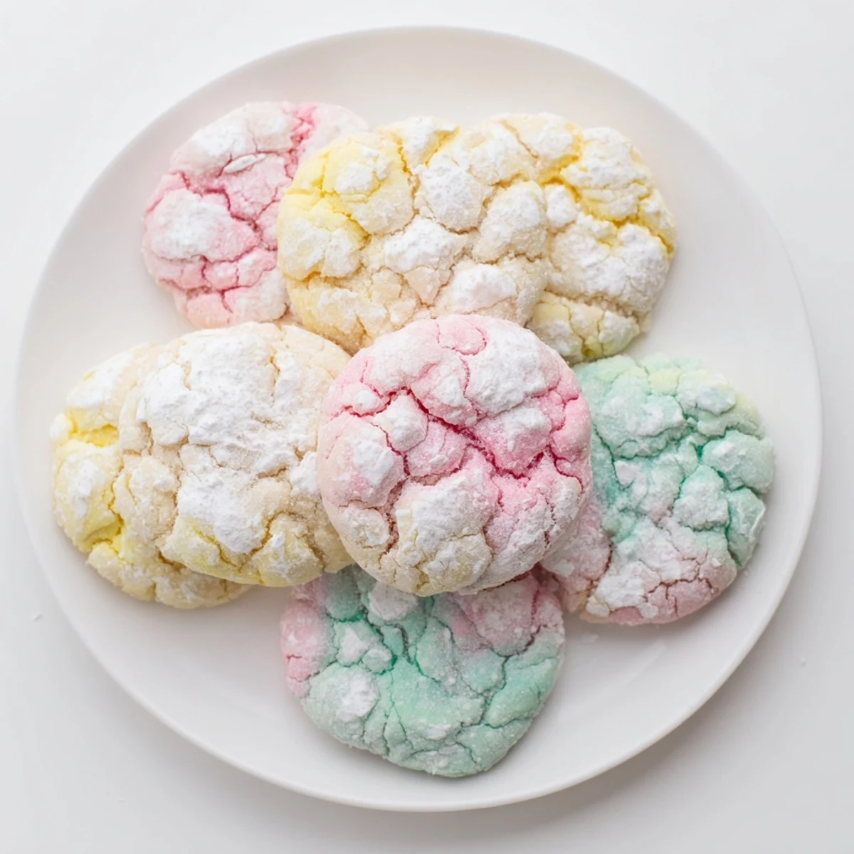 Colorful springtime crinkle cookies in pink yellow and blue arranged on a rustic wooden cutting board.
