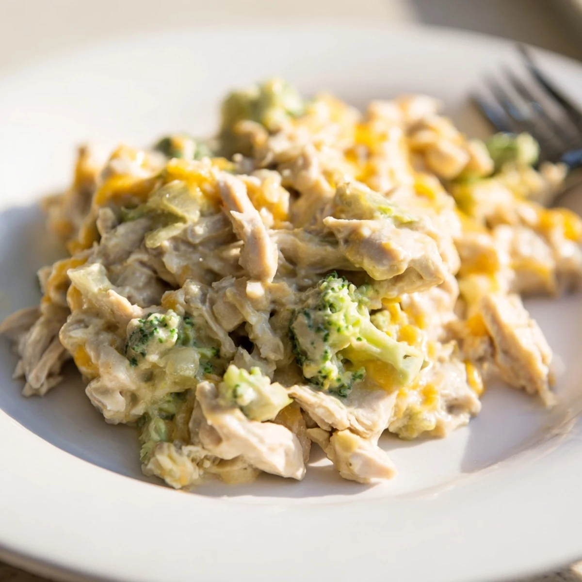 Golden slow cooker creamy broccoli cheddar chicken with tender vegetables and melted cheese topping