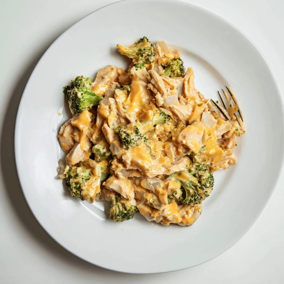 Comforting bowl of Crockpot creamy broccoli cheddar chicken served over fluffy white rice