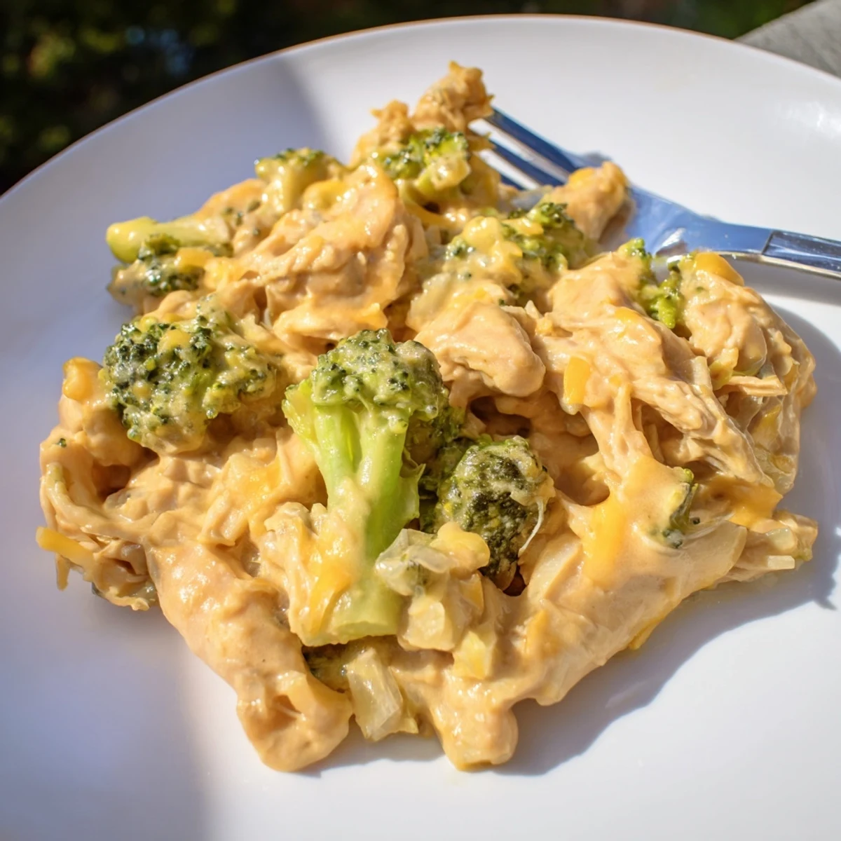 Shredded chicken breast in rich cheese sauce alongside bright green broccoli florets in a crockpot