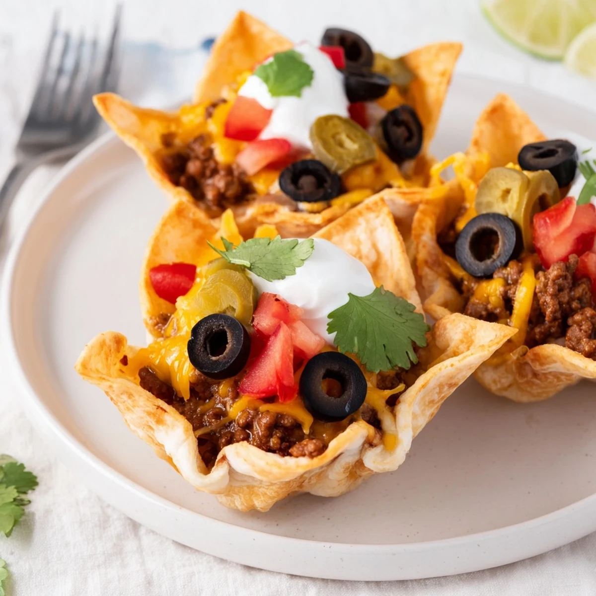 Golden mini taco cups filled with seasoned beef and melted cheddar cheese in a muffin tin