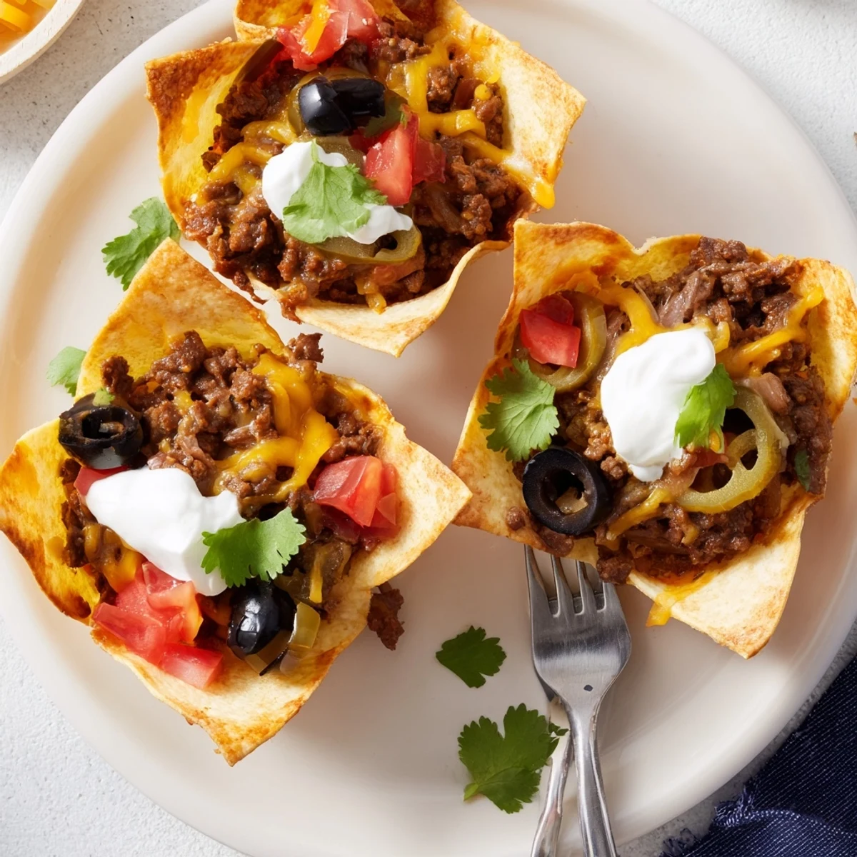 Bite-sized taco cups topped with sour cream, fresh tomatoes, and cilantro for easy appetizer serving