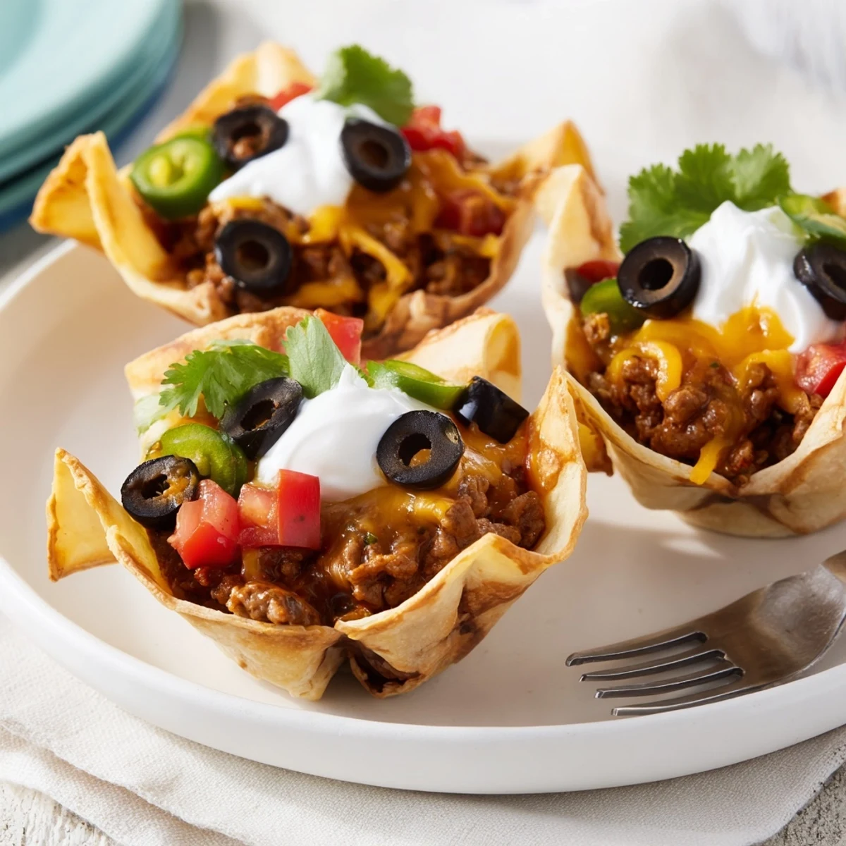 Crispy tortilla cups overflowing with spiced ground beef and colorful Tex-Mex toppings