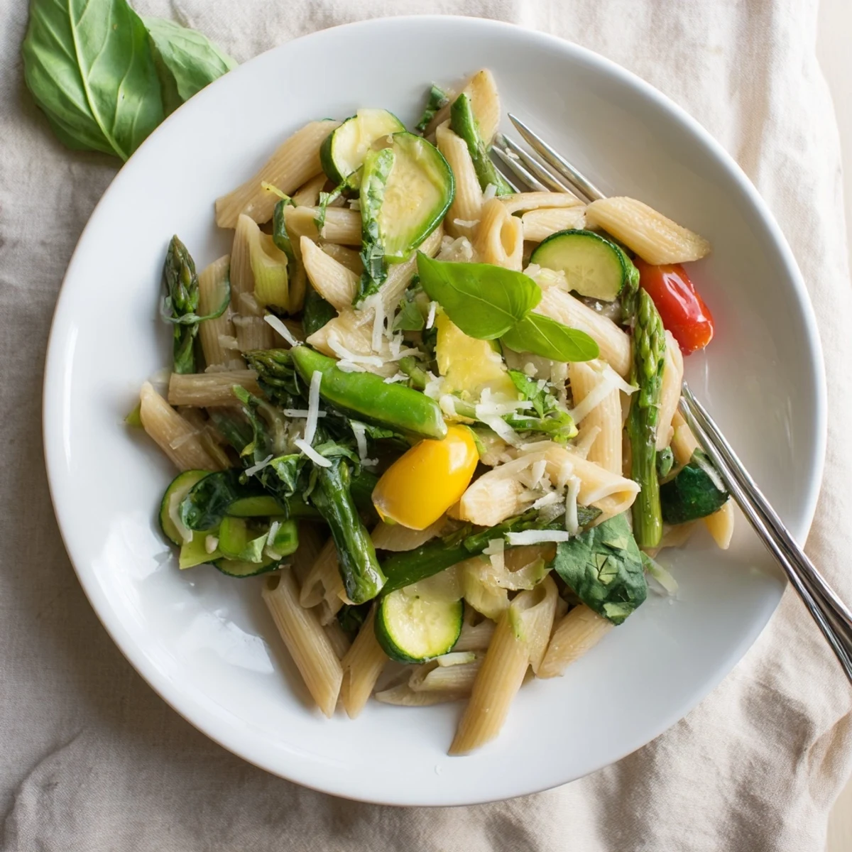 Colorful one pot spring vegetable pasta with tender asparagus, snap peas, and cherry tomatoes in a shallow white bowl