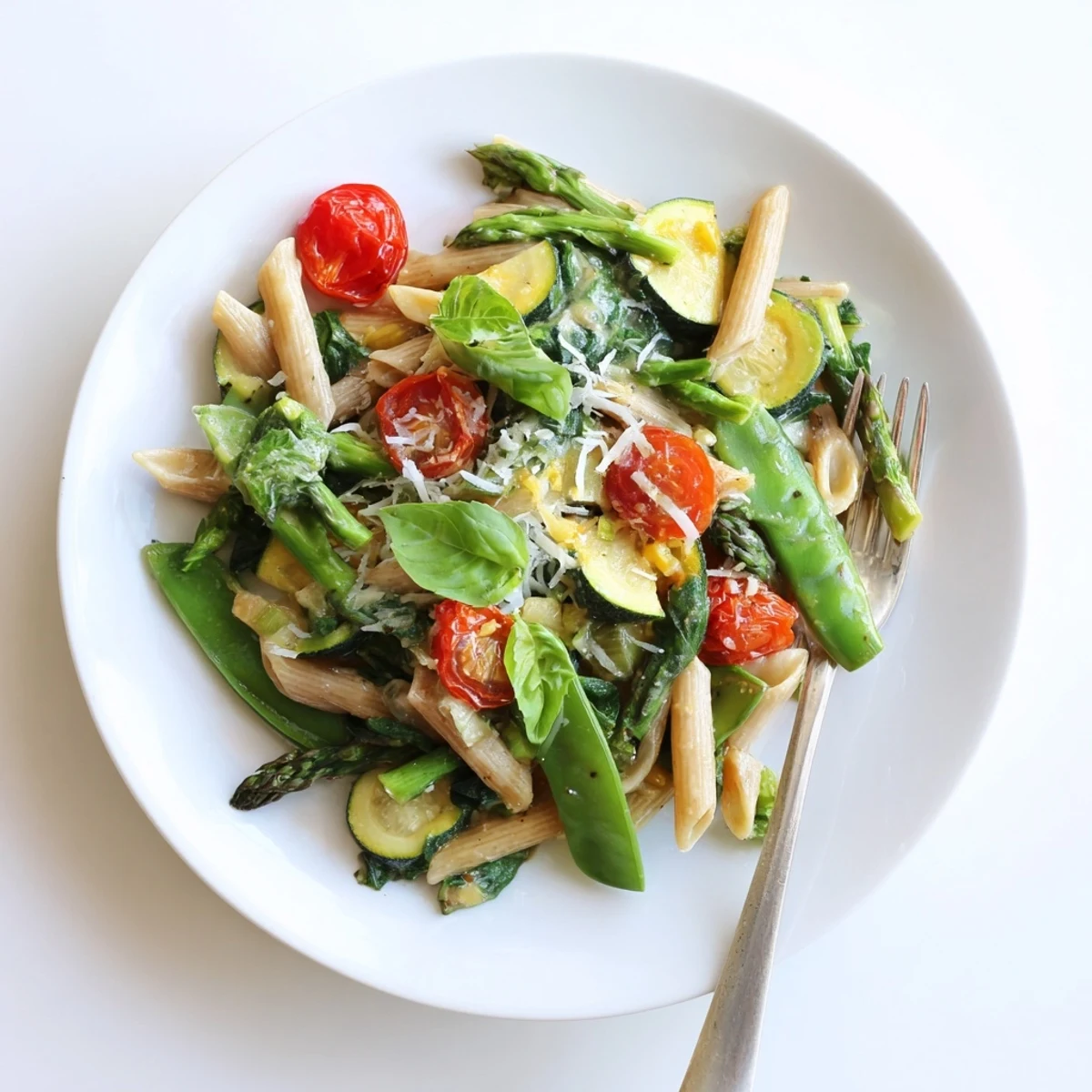 Steaming one pot spring vegetable pasta tossed with zucchini, spinach, and fresh Parmesan cheese garnish