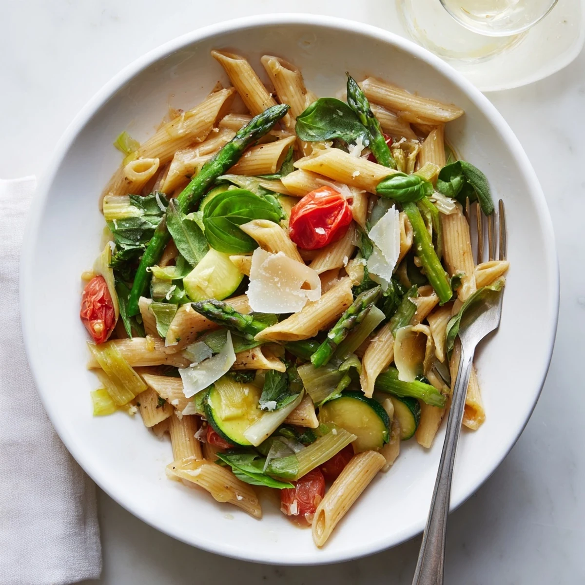 Close-up of one pot spring vegetable pasta featuring vibrant green vegetables and penne noodles with lemon wedges