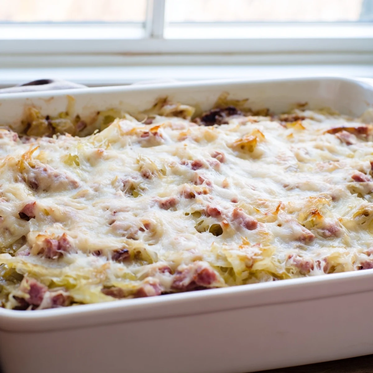 Golden bubbly creamy corned beef cabbage parmesan bake fresh from oven with melted cheese topping