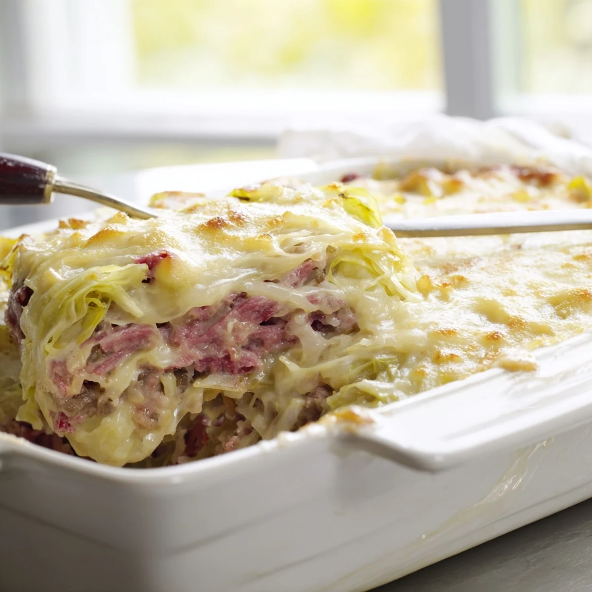 Spoonful of tender cabbage and corned beef in rich creamy sauce with crispy parmesan crust