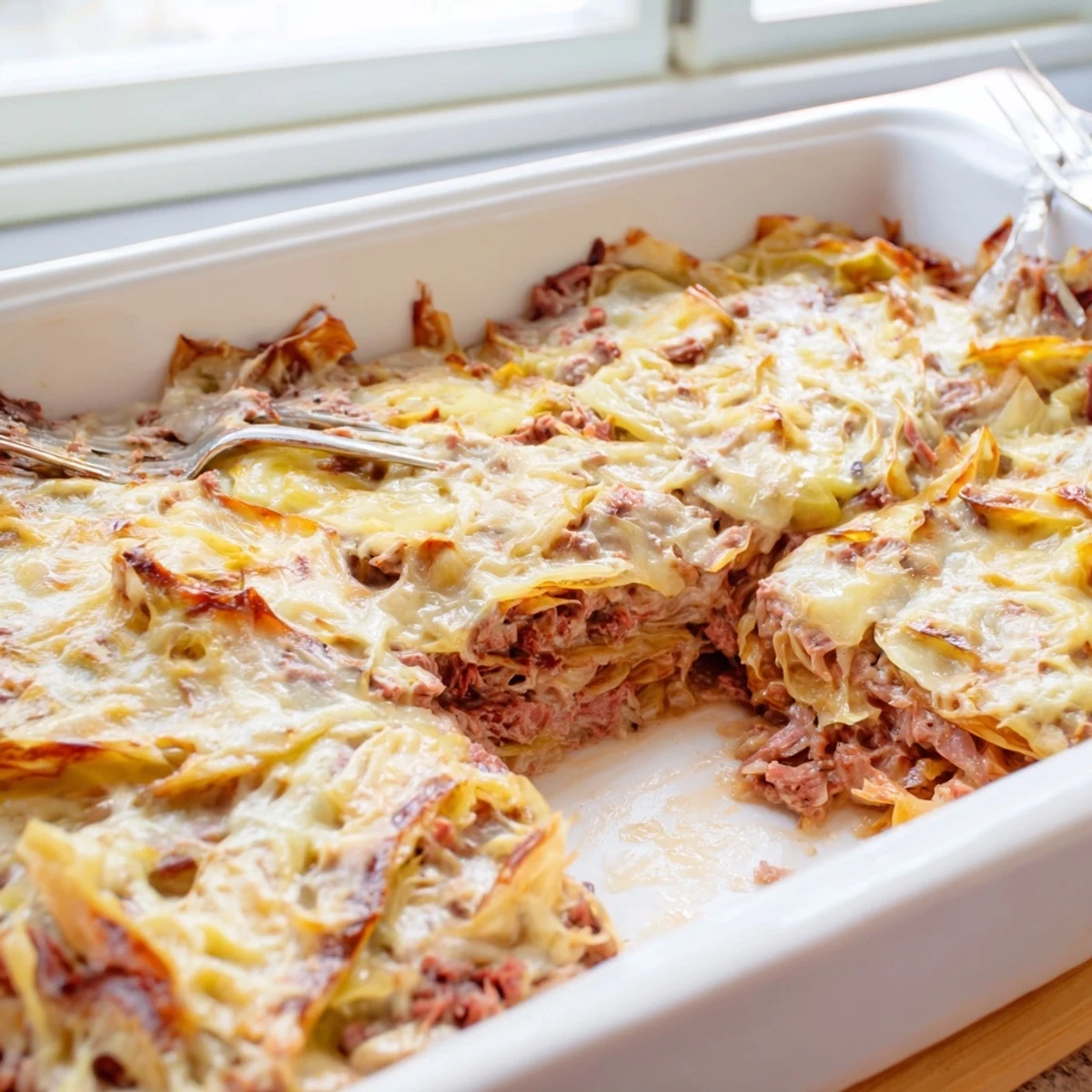 Hearty corned beef cabbage casserole dish bubbling with mozzarella and parmesan on wooden table